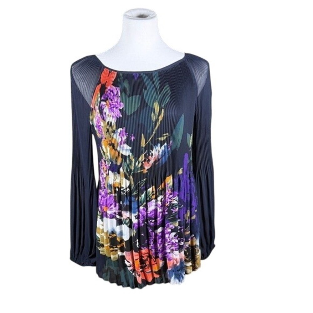 Nygard Womens Navy Blue Floral Pleated Long Sleeve Blouse Top Mesh Shoulder Med